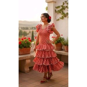 Vintage Flamenca Dress Red with White* Polka Dots Ruffles Full Tiered Angel Ines